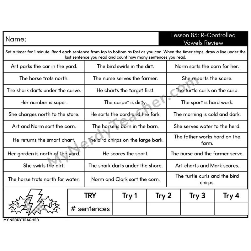 R-Controlled Vowels Review Sentence Fluency Drill