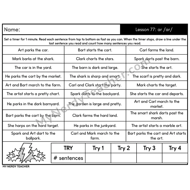 R-Controlled ar /ar/ Sentence Fluency Drill