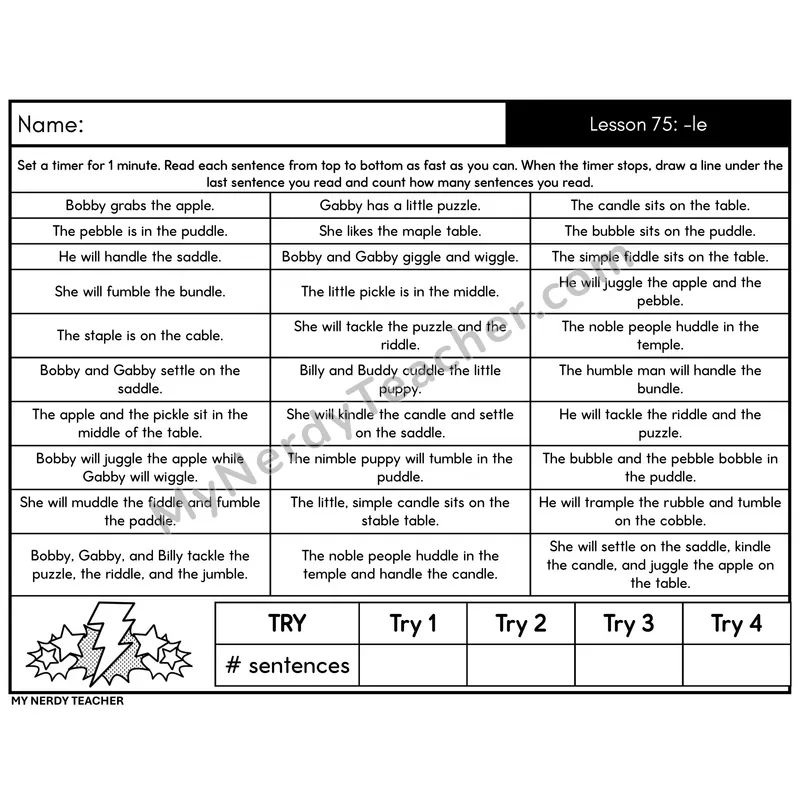 Consonant -le Sentence Fluency Drill