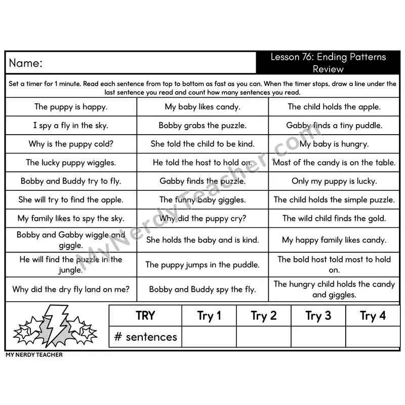 Ending Patterns Review Sentence Fluency Drill