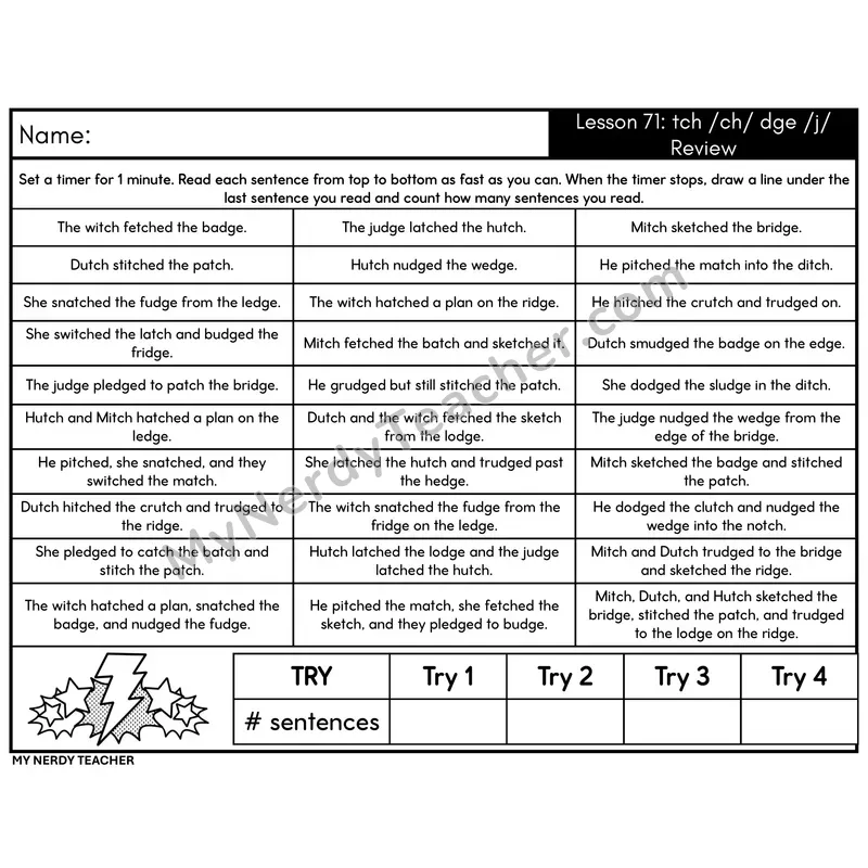 Trigraph tch, dge Review Sentence Fluency Drill