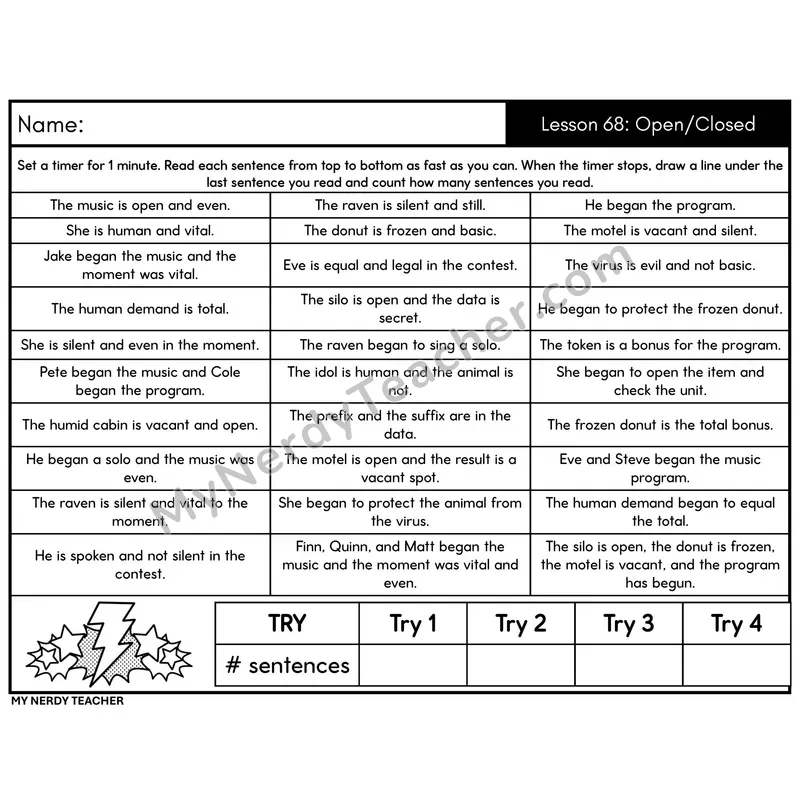 Syllable Open/Closed Sentence Fluency Drill