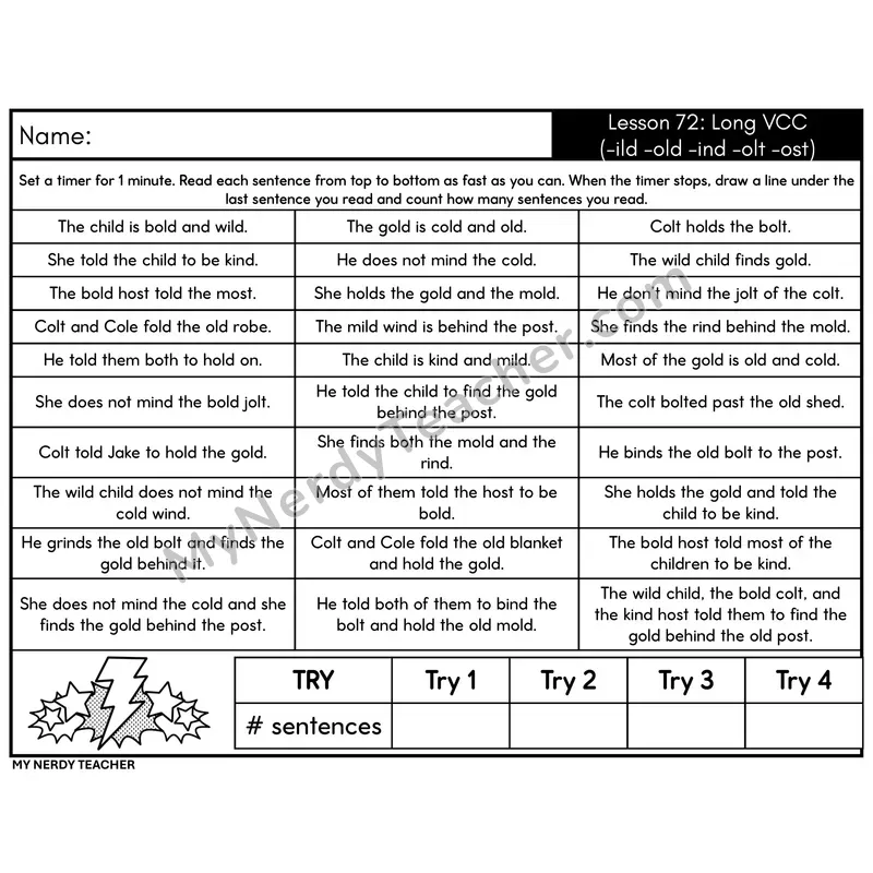 Long VCC Sentence Fluency Drill
