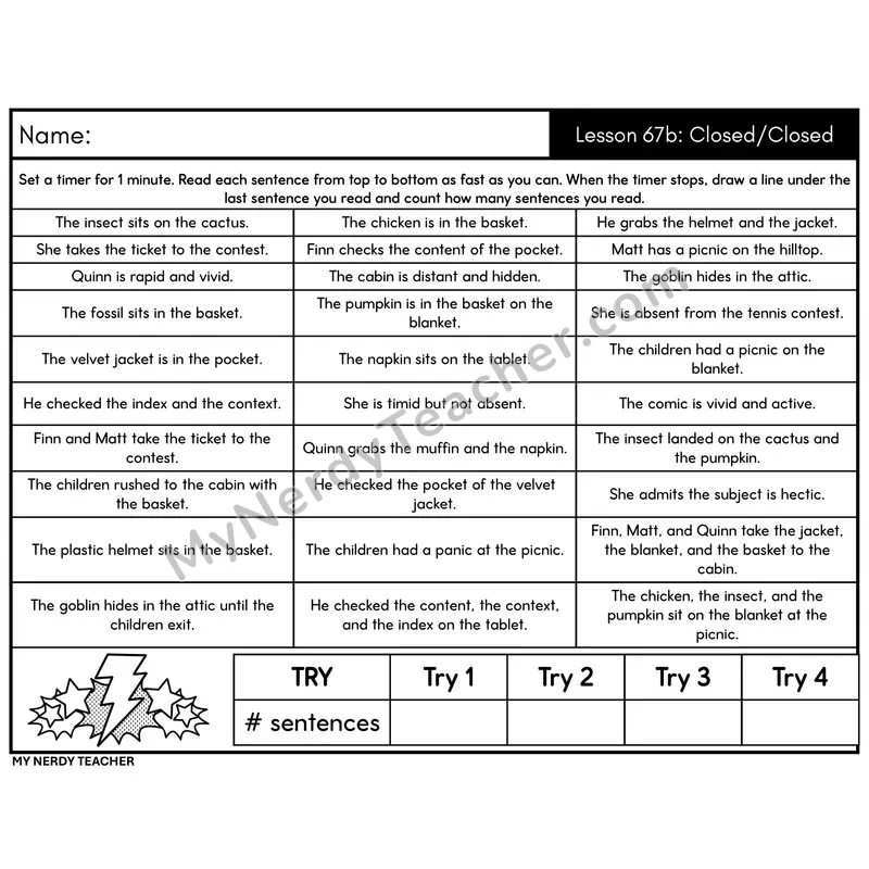 Syllable Closed/Closed Sentence Fluency Drill