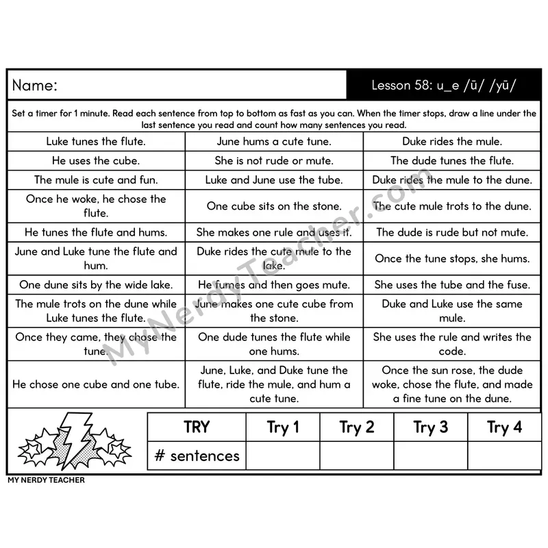 VCe Long Vowel u_e /ū/ Sentence Fluency Drill