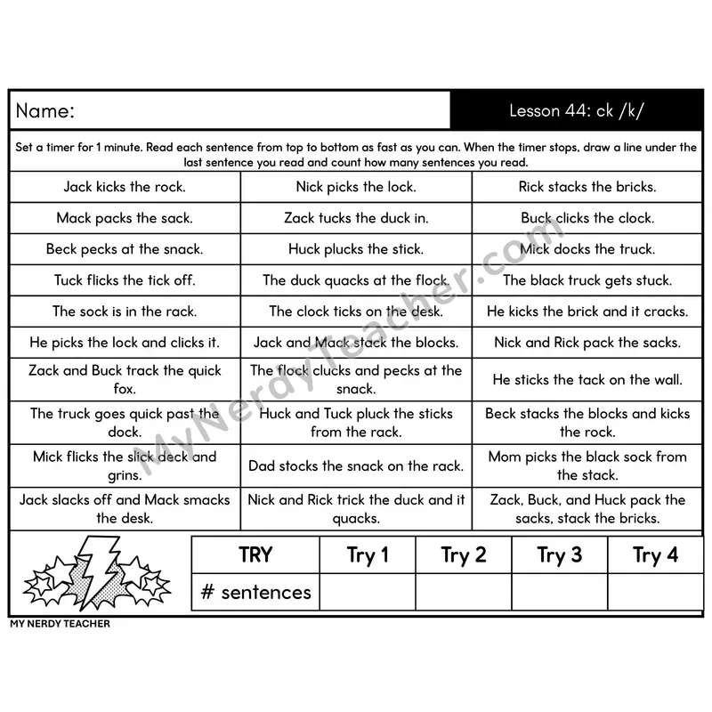 Digraph ck /k/ Sentence Fluency Drill