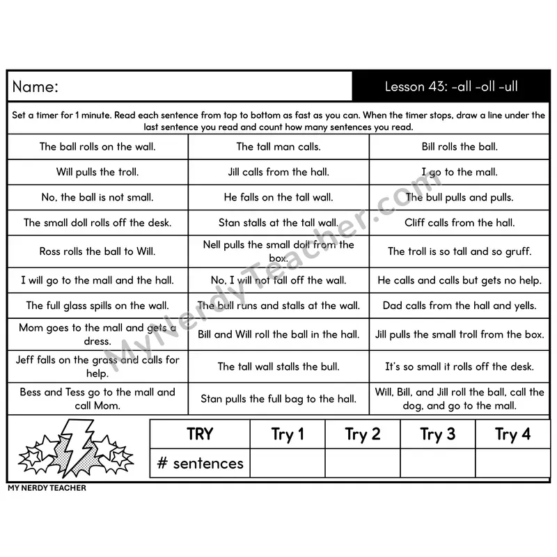 Digraph -all, -oll, -ull Sentence Fluency Drill