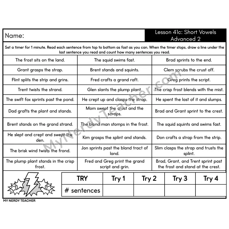 Short Vowels Advanced 2 Sentence Fluency Drill