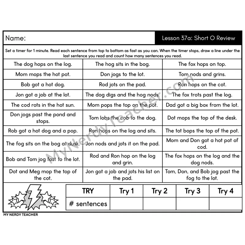 Short O Review Sentence Fluency Drill