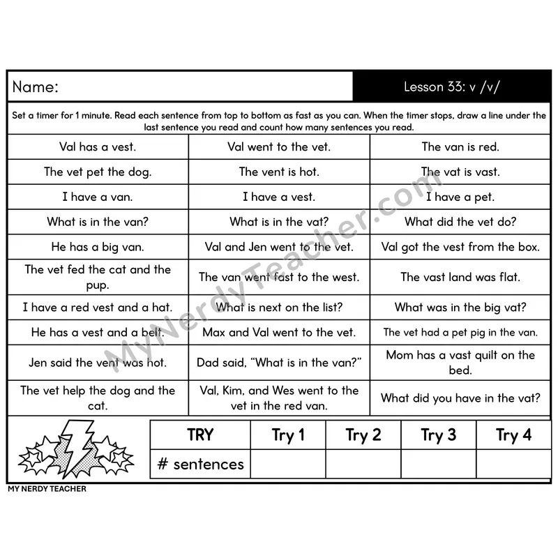 Letter-Sound v /v/ Sentence Fluency Drill