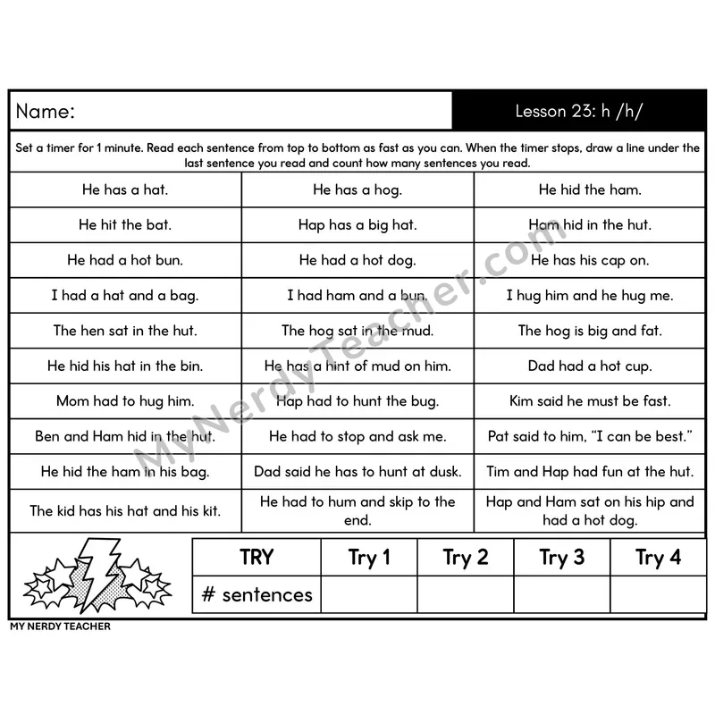 Letter-Sound h /h/ Sentence Fluency Drill