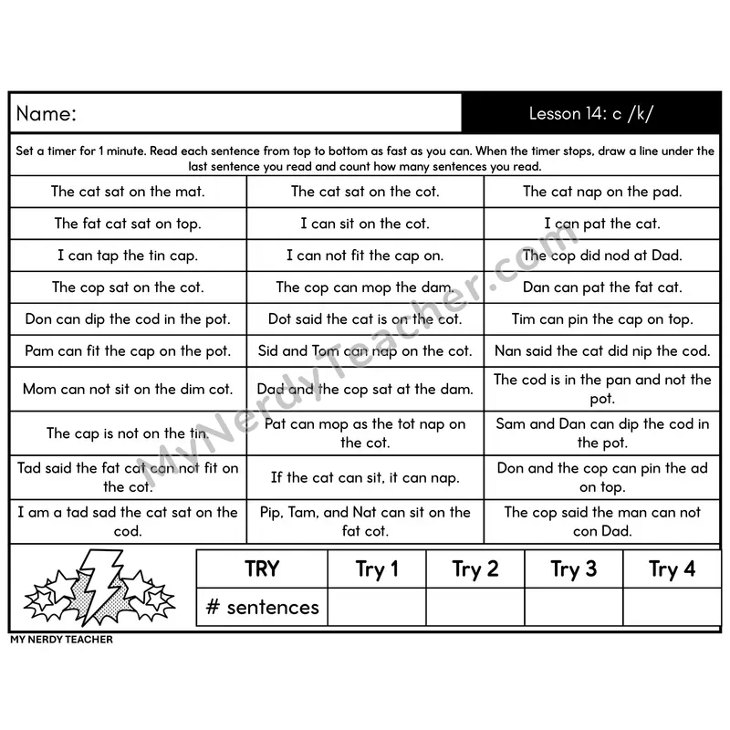 Letter-Sound c /k/ Sentence Fluency Drill
