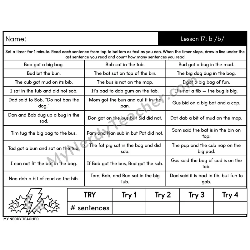 Letter-Sound b /b/ Sentence Fluency Drill