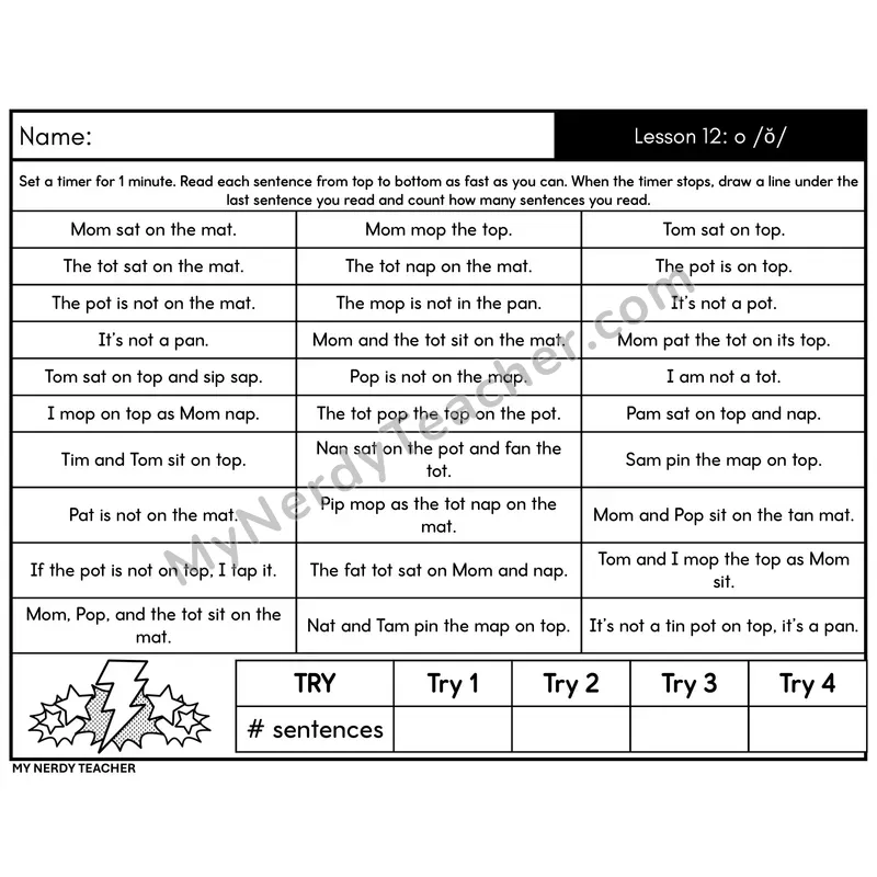 Short Vowel o /ŏ/ Sentence Fluency Drill