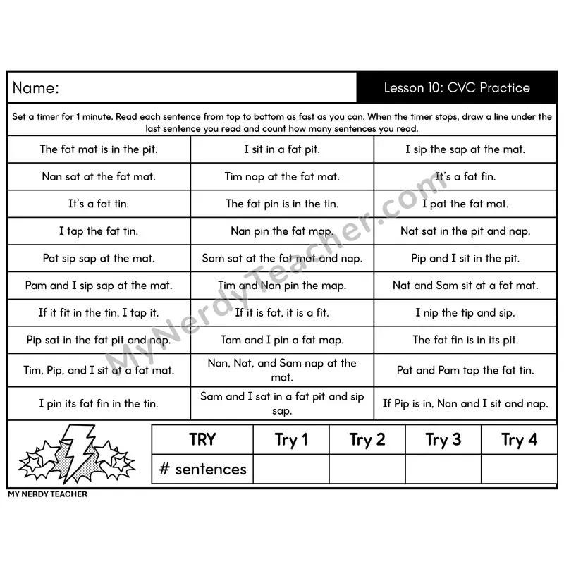 CVC Practice (a, i) Sentence Fluency Drill