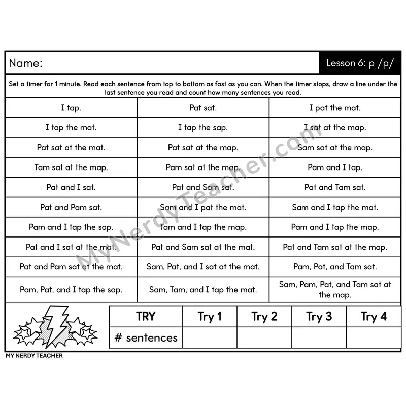 Letter-Sound p /p/ Sentence Fluency Drill