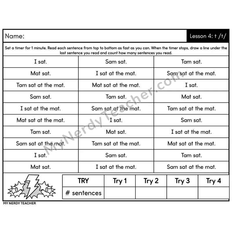 Letter-Sound t /t/ Sentence Fluency Drill