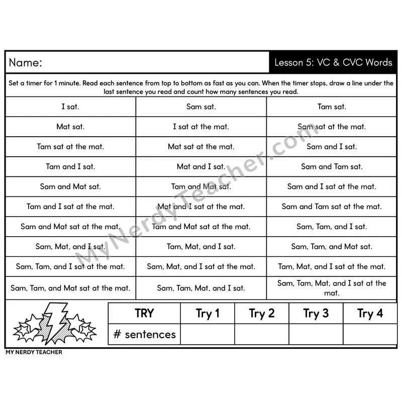 VC & CVC Words Sentence Fluency Drill