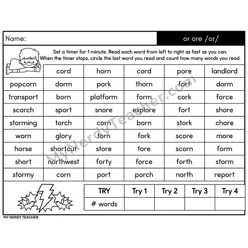 R-Controlled or, ore /or/ Word Fluency Drill