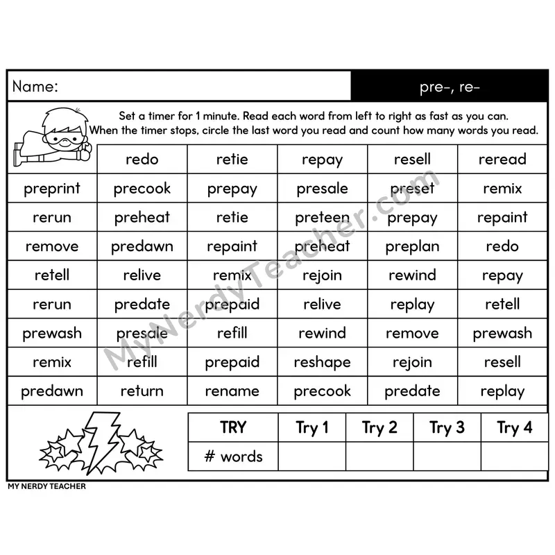 Affix pre-, re- Word Fluency Drill