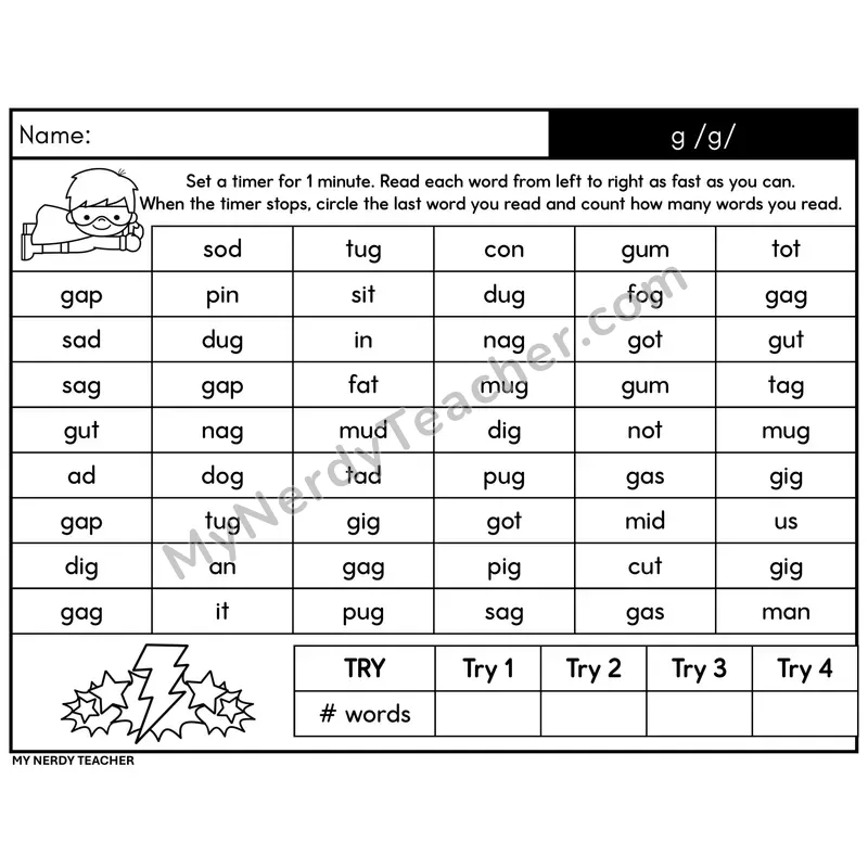Letter-Sound g /g/ Word Fluency Drill