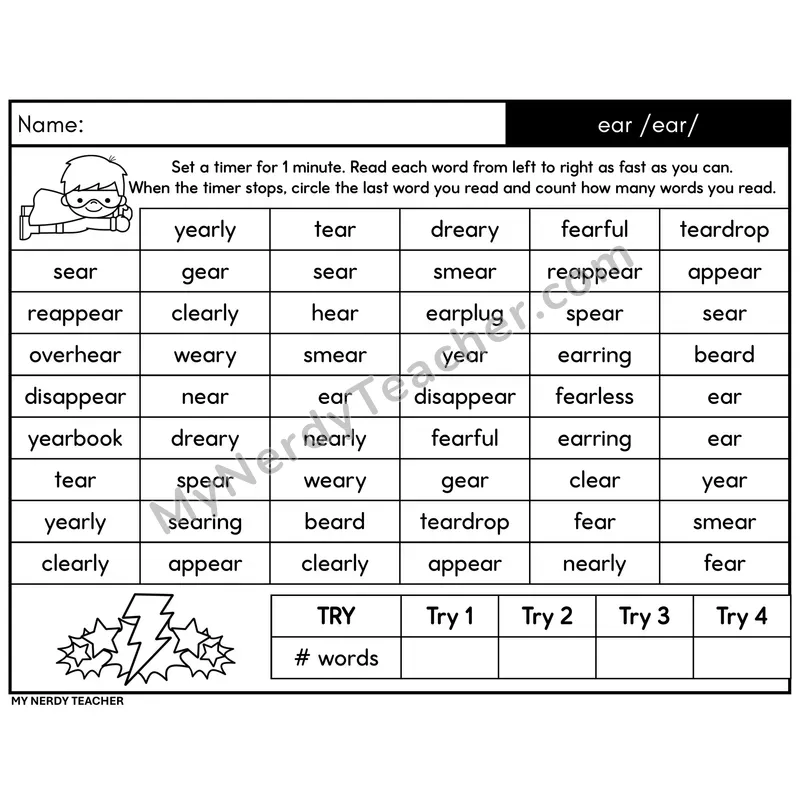 Advanced Phonics ear /ear/ Word Fluency Drill