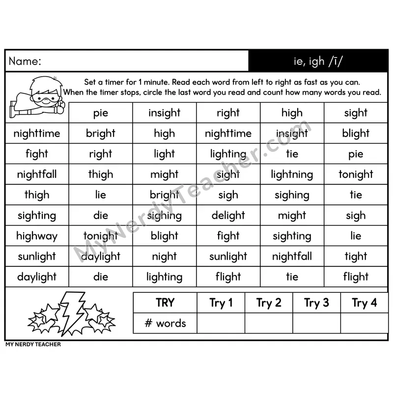 Vowel Team ie, igh /ī/ Word Fluency Drill