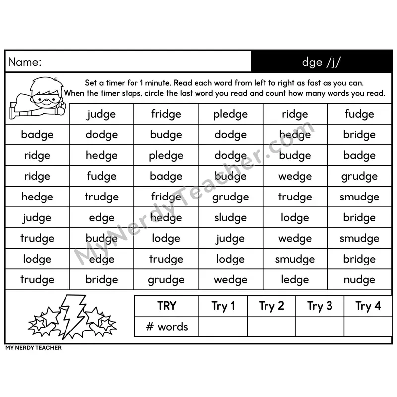 Trigraph dge /j/ Word Fluency Drill