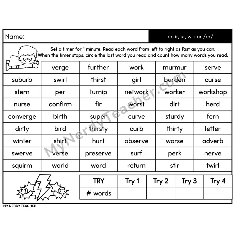 R-Controlled er, ir, ur, w+or /er/ Word Fluency Drill