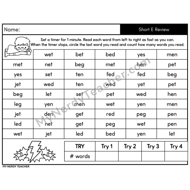 Short E Review Word Fluency Drill