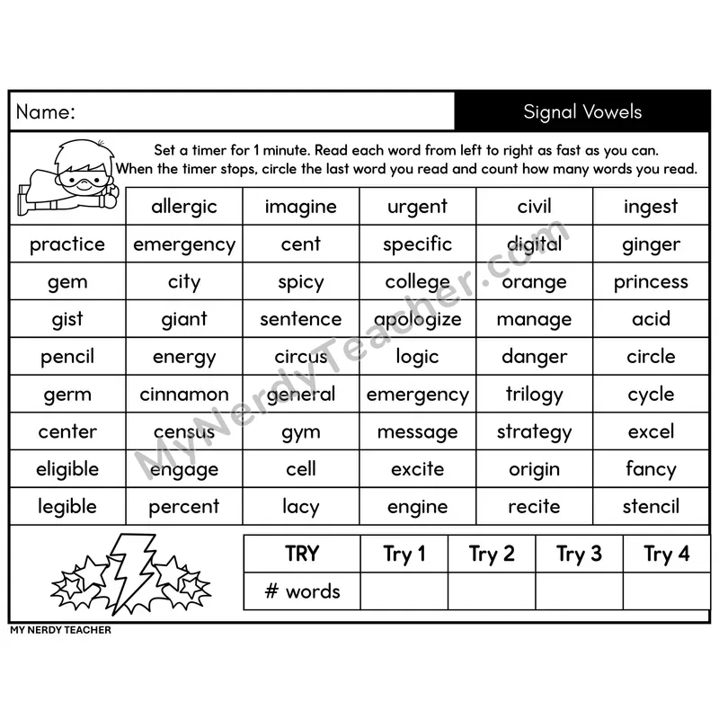 Advanced Phonics Signal Vowels (c /s/, g /j/) Word Fluency Drill