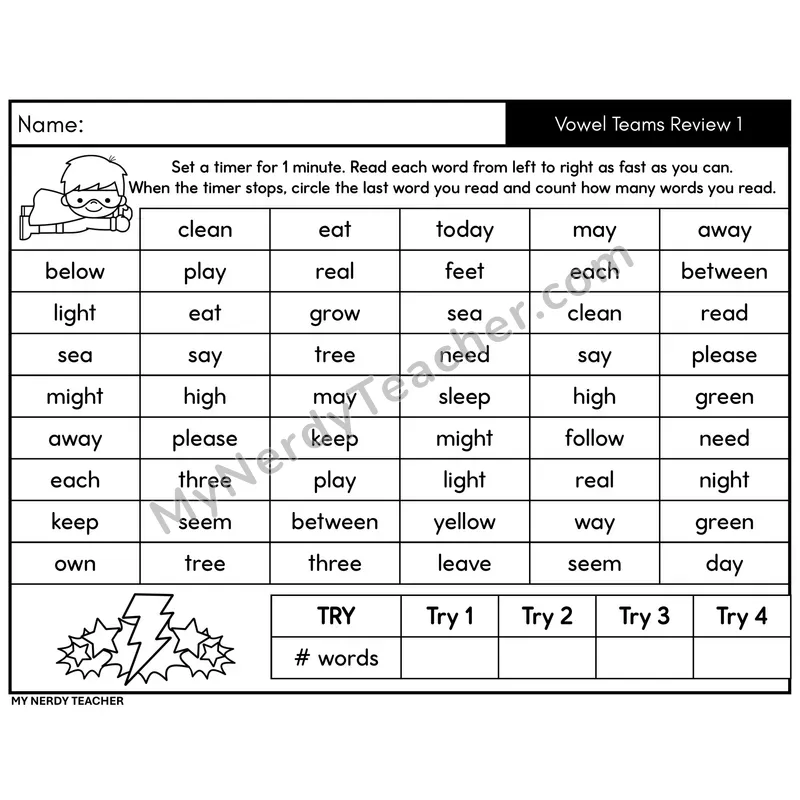 Vowel Teams Review 1 Word Fluency Drill