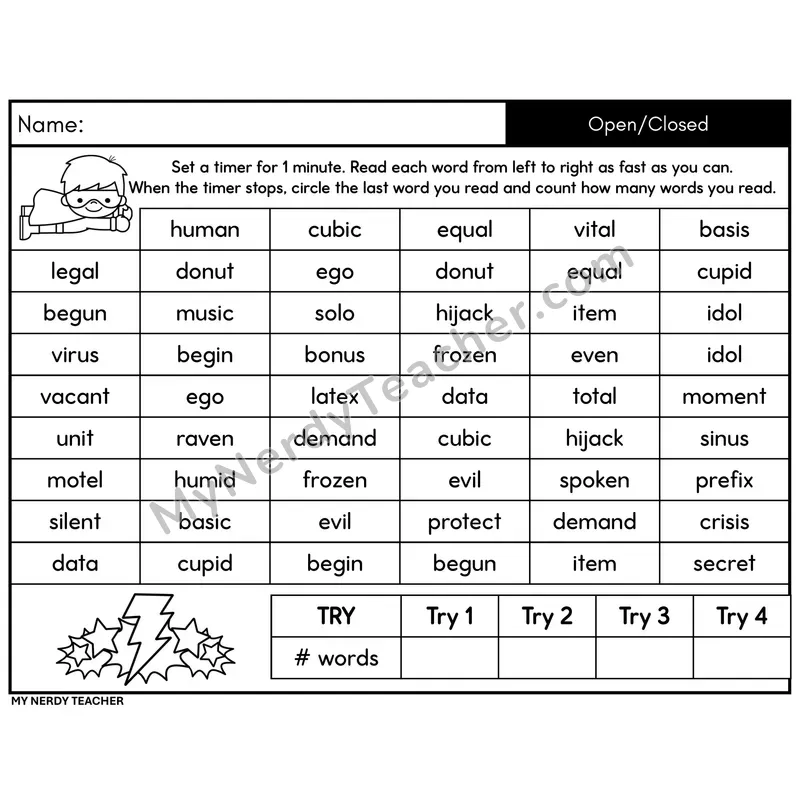 Syllable Open/Closed Word Fluency Drill