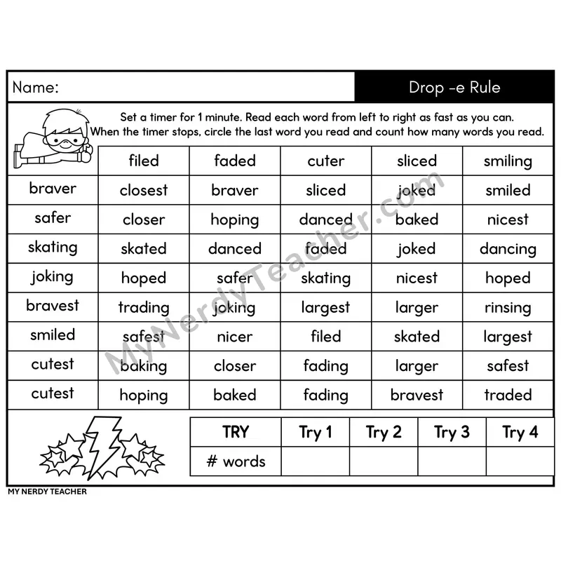 Drop -e Rule Word Fluency Drill