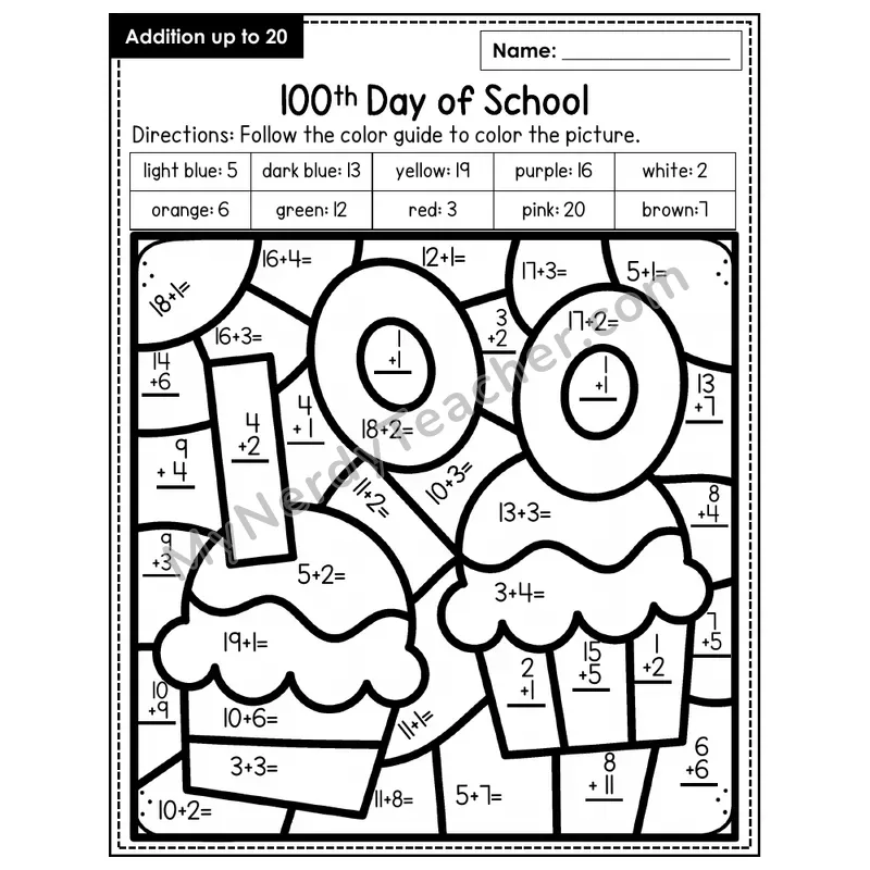 Addition to 20 Color by Number — 100th Day of School (Page 4)