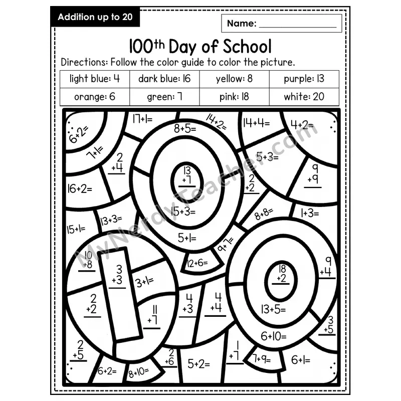 Addition to 20 Color by Number — 100th Day of School (Page 2)