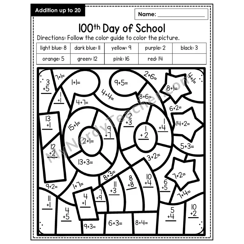 Addition to 20 Color by Number — 100th Day of School (Page 3)