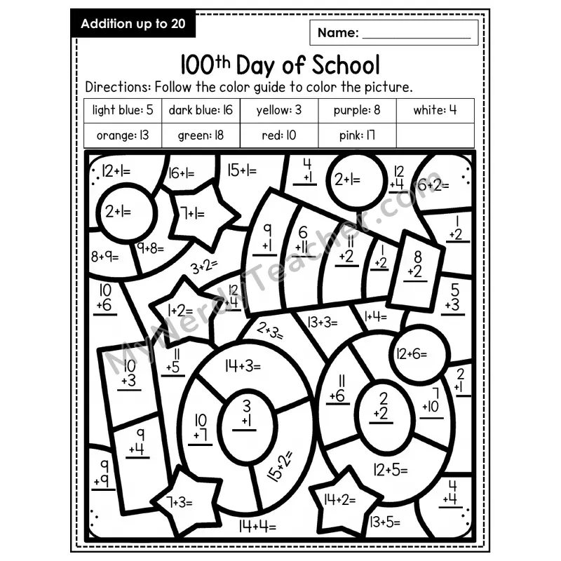 Addition to 20 Color by Number — 100th Day of School (Page 6)