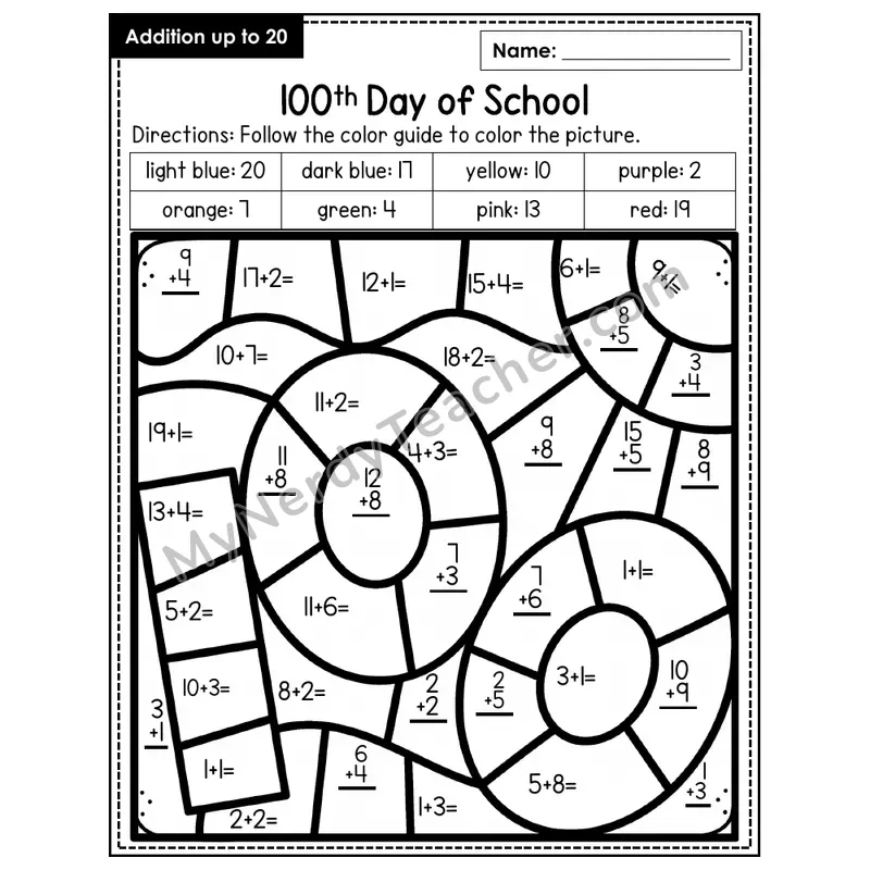 Addition to 20 Color by Number — 100th Day of School (Page 7)