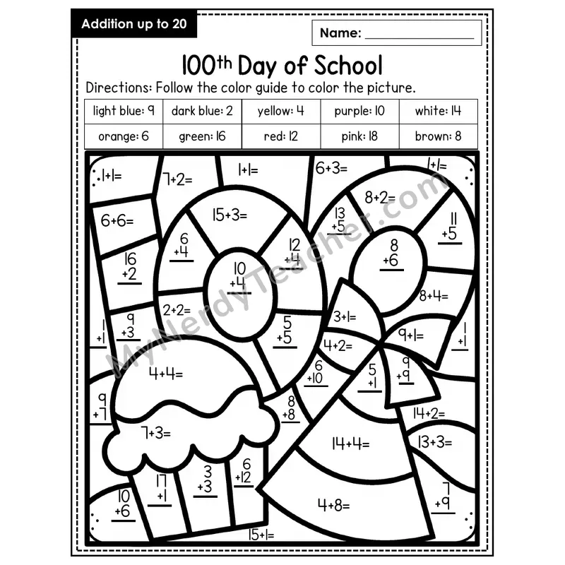 Addition to 20 Color by Number — 100th Day of School (Page 8)