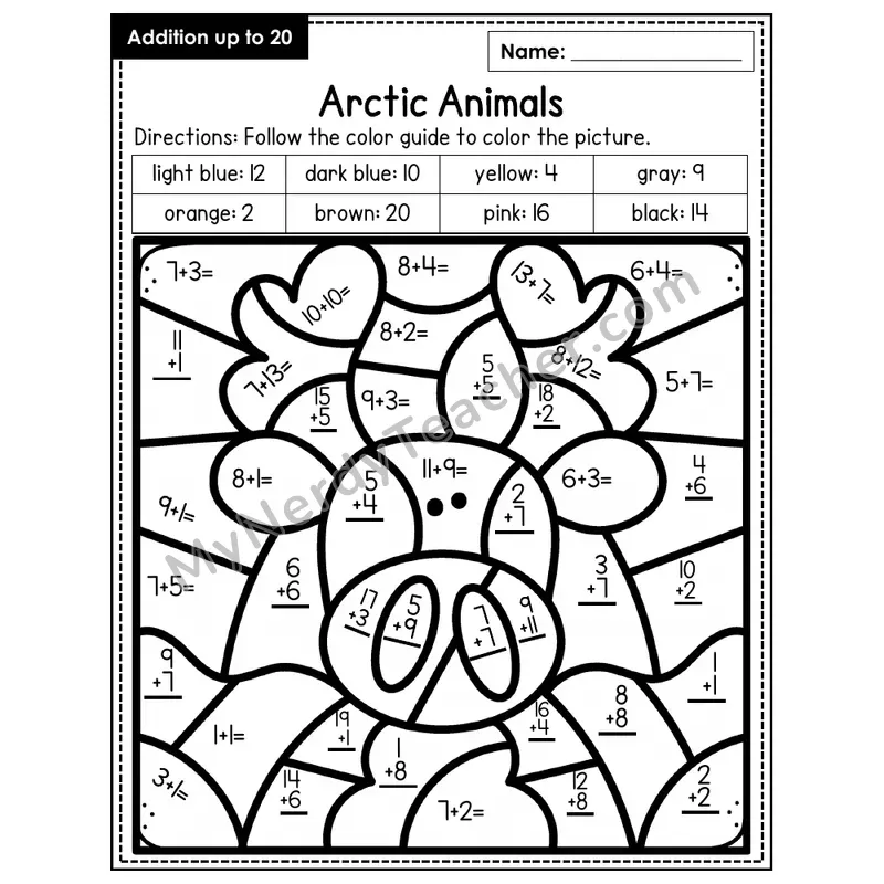 Addition to 20 Color by Number — Arctic Animals (Page 4)