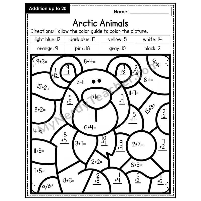 Addition to 20 Color by Number — Arctic Animals (Page 6)