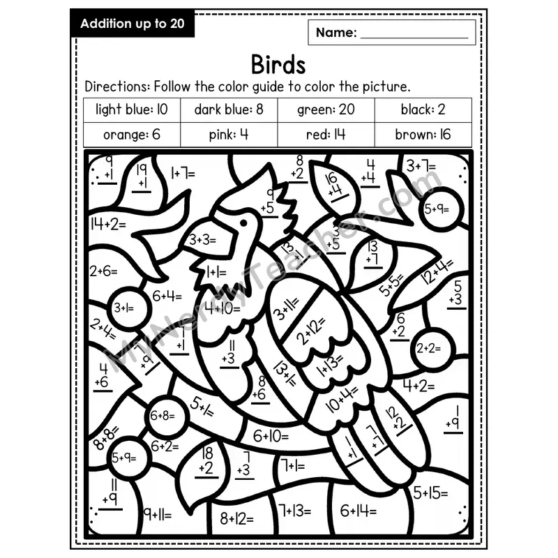 Addition to 20 Color by Number — Birds (Page 1)