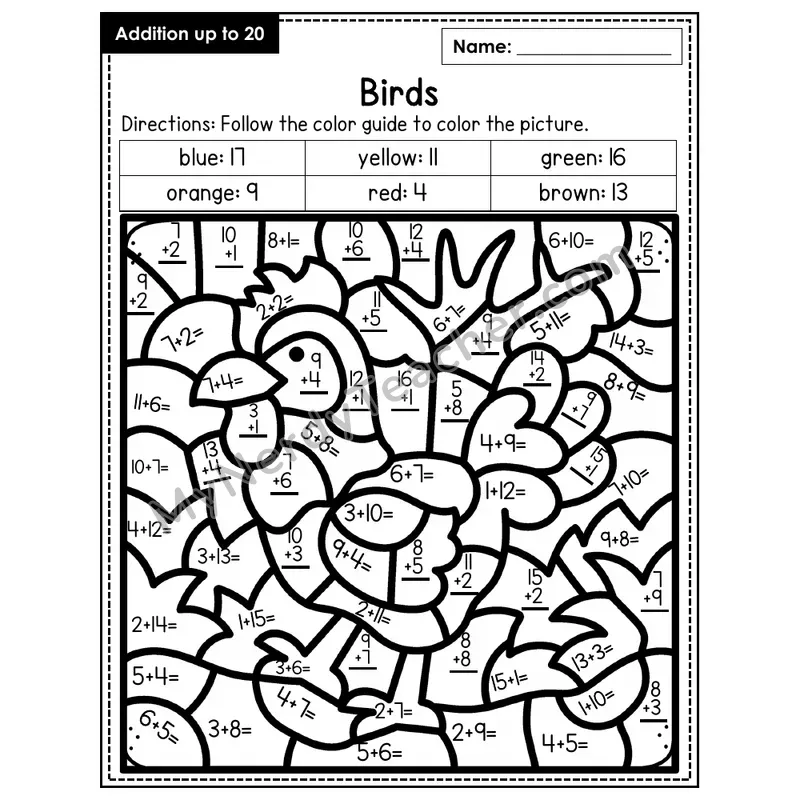 Addition to 20 Color by Number — Birds (Page 2)