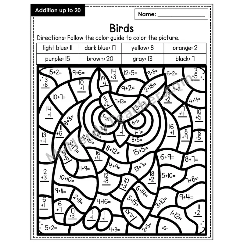 Addition to 20 Color by Number — Birds (Page 7)