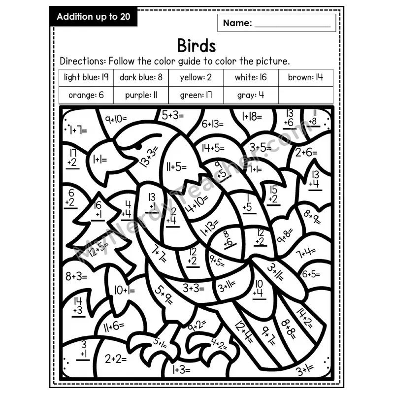 Addition to 20 Color by Number — Birds (Page 5)