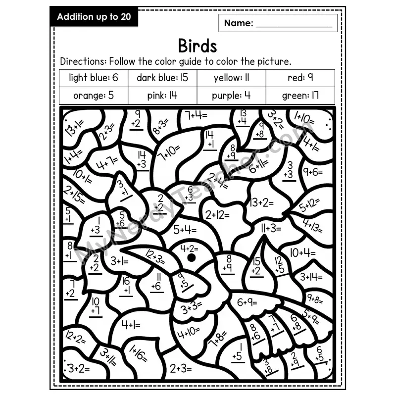 Addition to 20 Color by Number — Birds (Page 6)