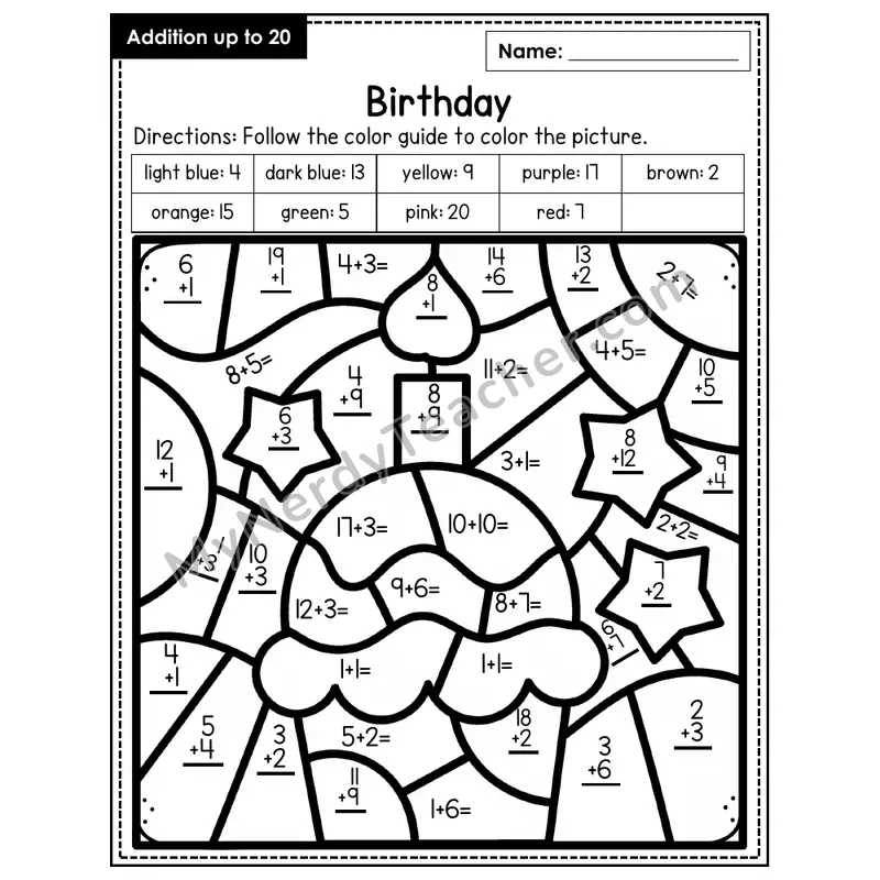 Addition to 20 Color by Number — Birthday (Page 1)