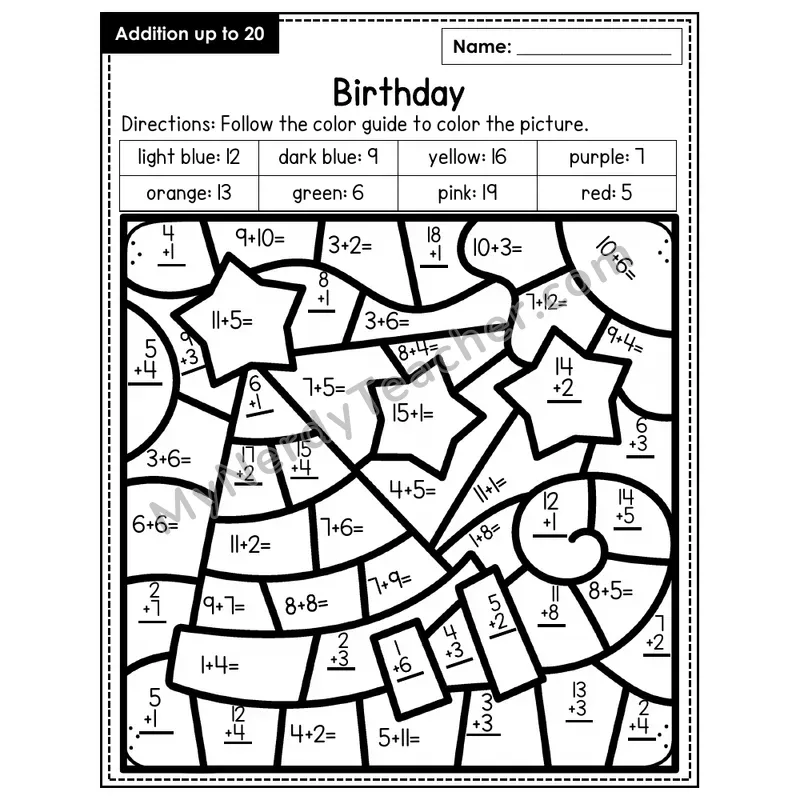 Addition to 20 Color by Number — Birthday (Page 5)