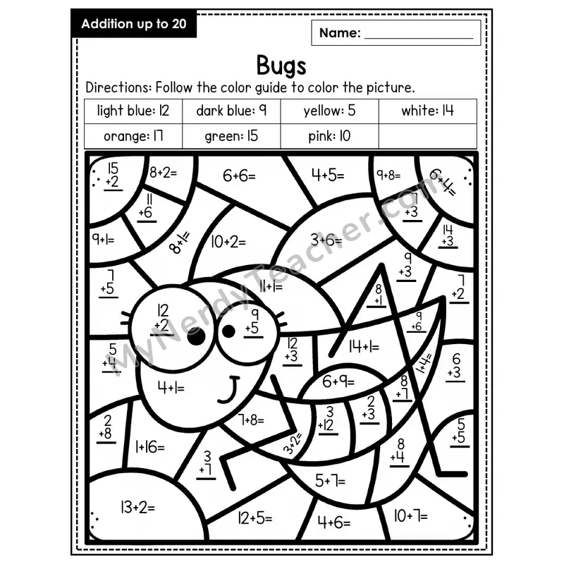 Addition to 20 Color by Number — Bugs (Page 1)